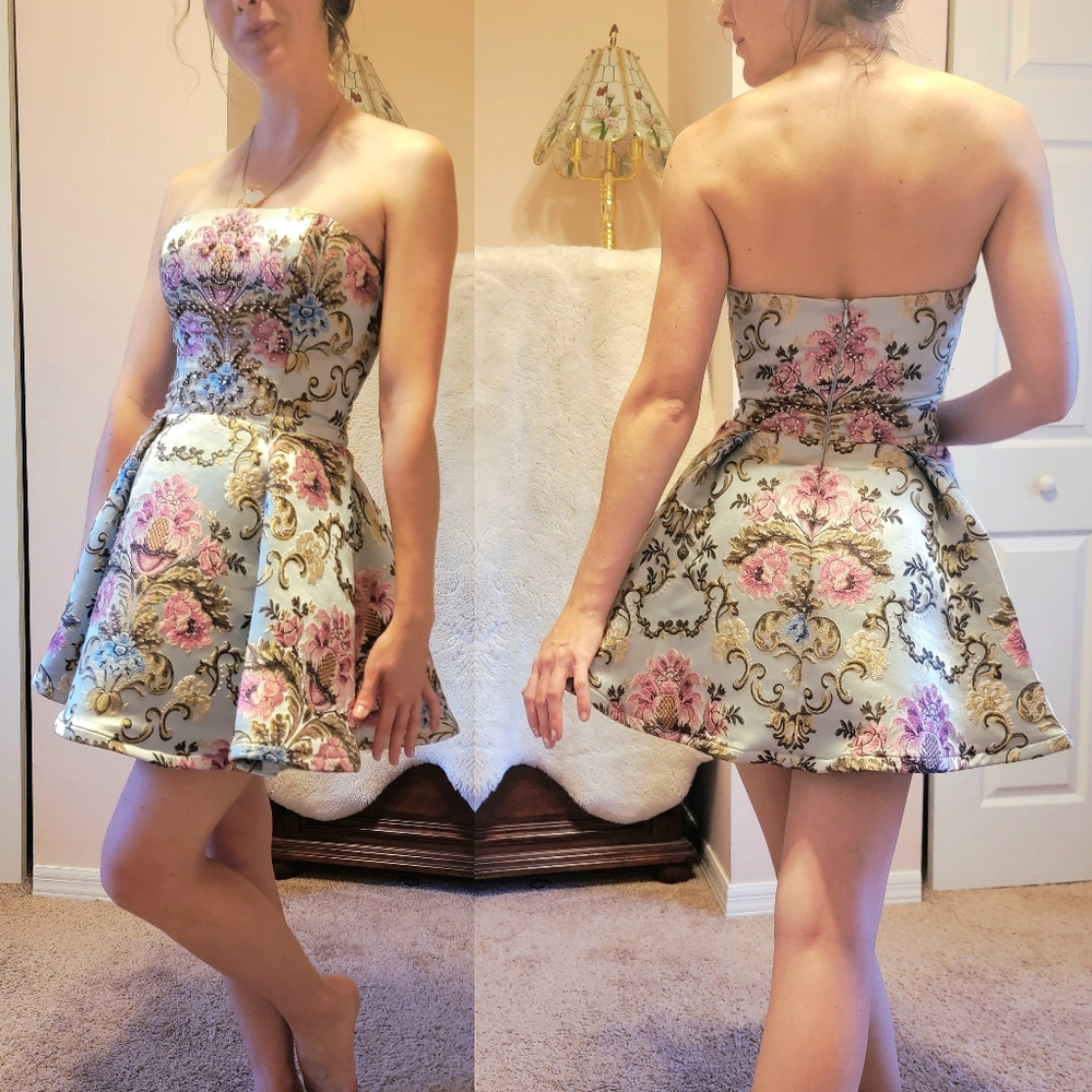 *Jovani Strapless Floral Mini Dress Rhinestones and Paisley Print* - Picture 5 of 11